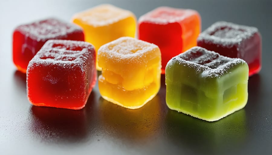 Close-up of colorful Delta-9 THC gummies with product packaging