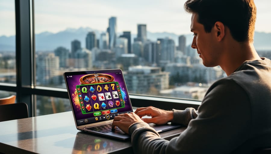 Person using smartphone for online gambling with Vancouver cityscape in background