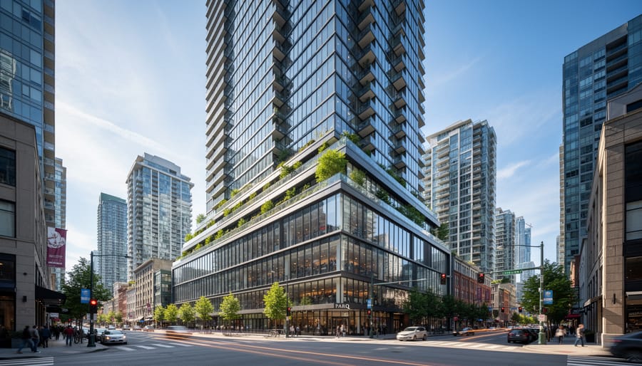 Parq Vancouver casino exterior at night with illuminated modern architecture