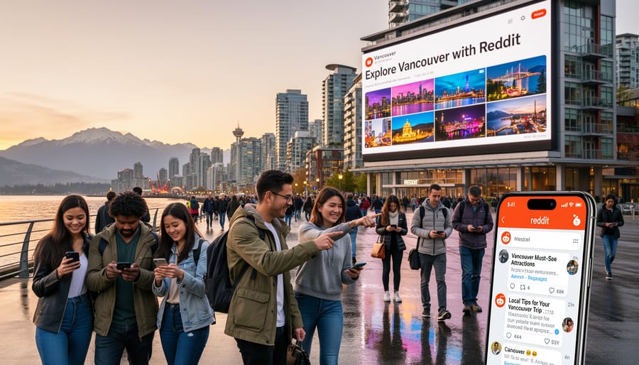 Person viewing Reddit on smartphone with Vancouver skyline visible in background