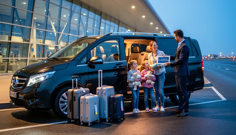 Family with children approaching private transfer vehicle at airport during early morning