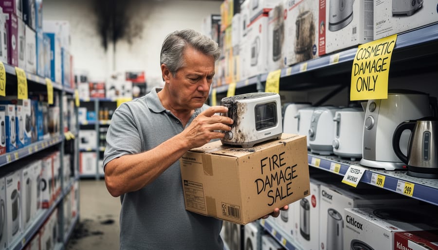 Shopper inspecting a power tool with flashlight at salvage sale