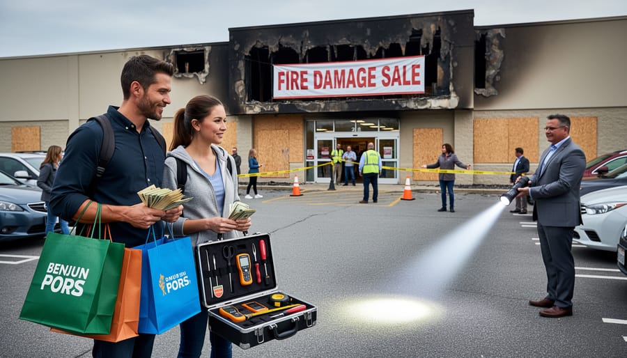 Essential items for shopping at liquidation sales including cash, bags, and flashlight