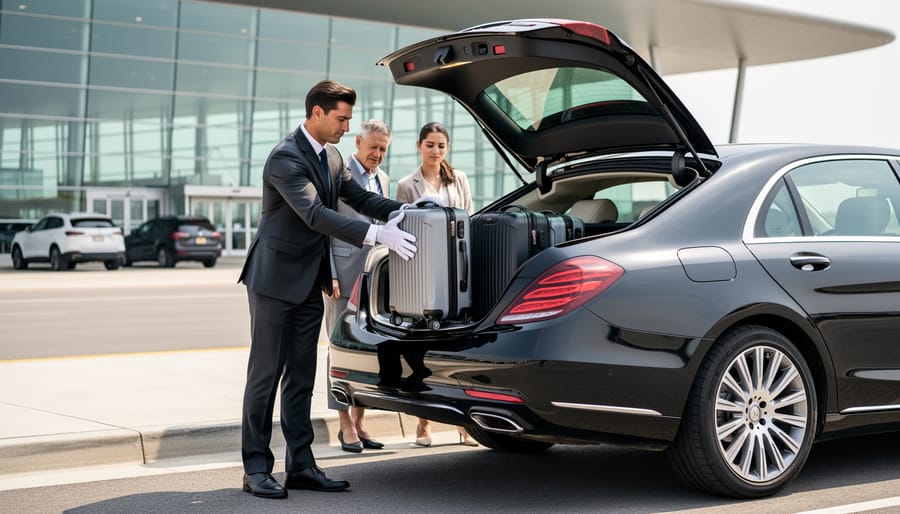 Professional driver assisting passenger with luggage at airport transfer vehicle