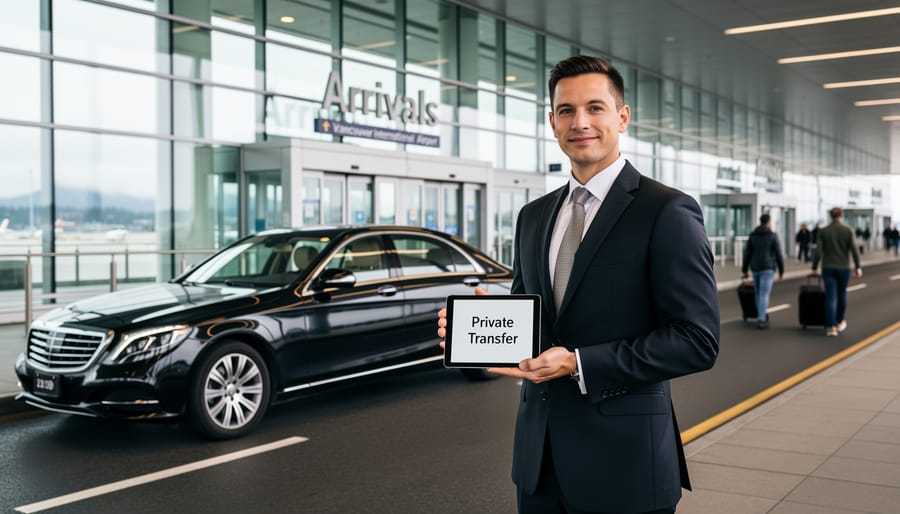 Professional chauffeur standing beside black luxury sedan at airport arrivals area