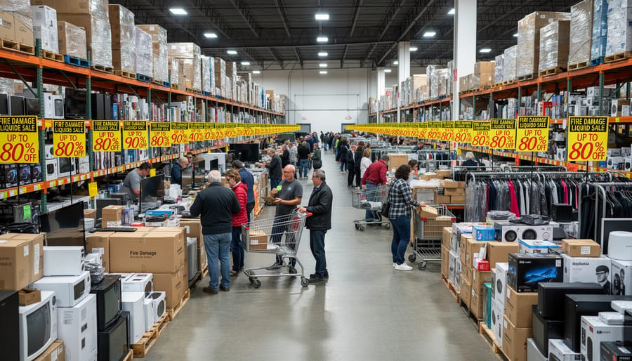 Shoppers browsing discounted merchandise at a Vancouver liquidation warehouse sale