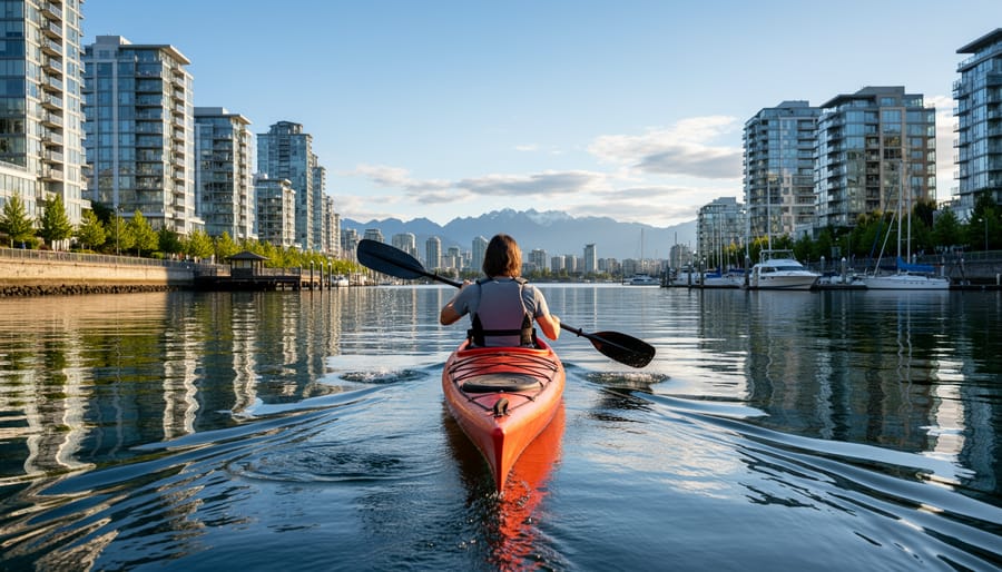 Person kayaking on False Creek with Vancouver city buildings and marina in background