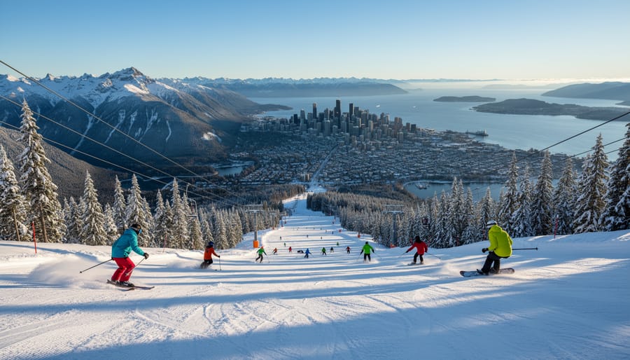 Skier descending snowy slope at local mountain with Vancouver city lights and ocean visible below at dusk