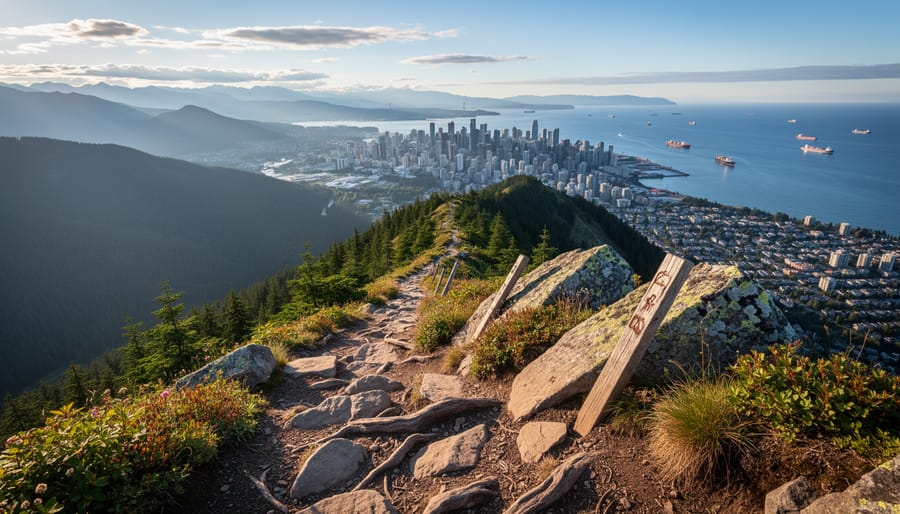 Hiker on North Shore mountain trail with Vancouver city skyline and ocean in background