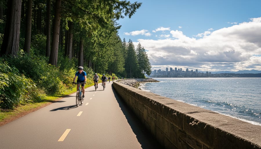 Aerial view of cyclists on Stanley Park Seawall with forest and ocean on either side