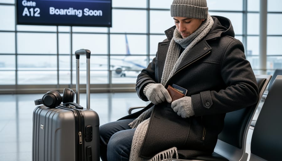 Traveler holding a phone and transit fare card at a Banff bus stop in winter