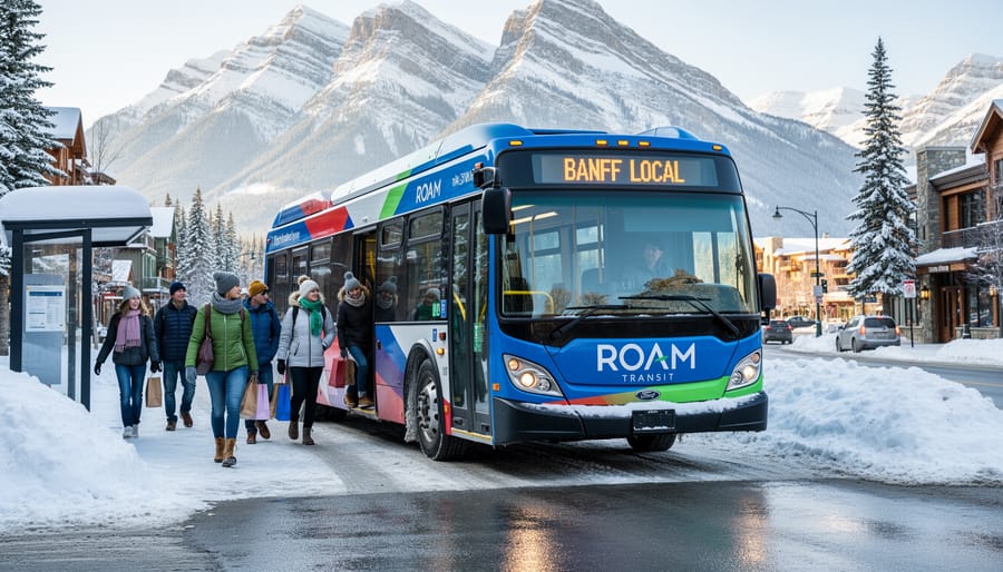 Snow-dusted bus stopping at a curb in downtown Banff with passengers boarding