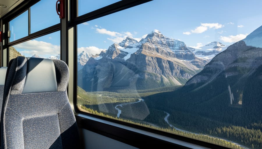 View of snowy Rocky Mountains from inside a bus window at golden hour