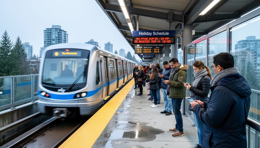 A Vancouver SkyTrain arriving at a station with a platform and pedestrians in the background