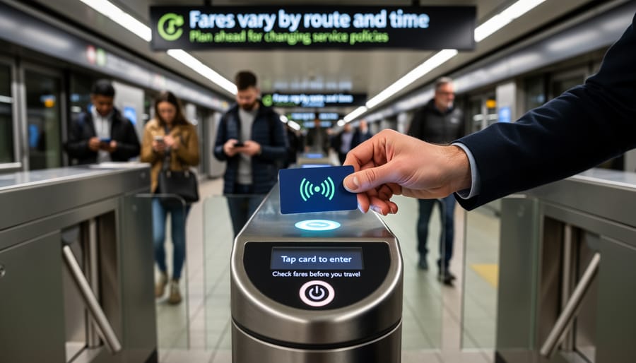 Close-up of a hand tapping a contactless fare card at a transit fare gate