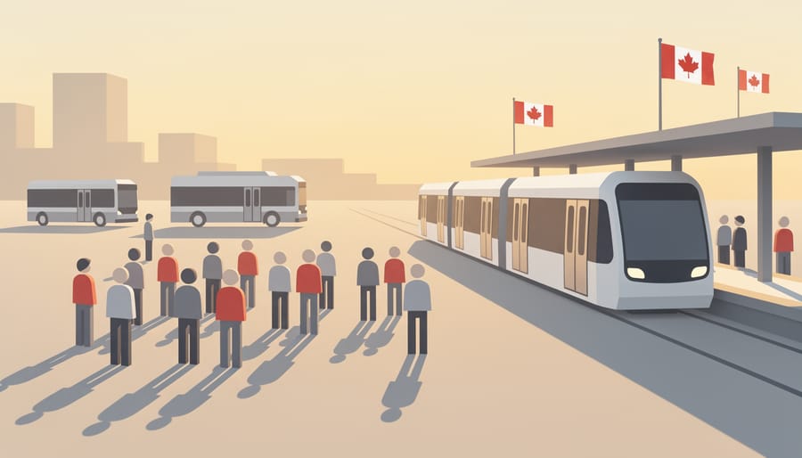 Crowds moving along a street near transit shelters during a festive Canada Day atmosphere