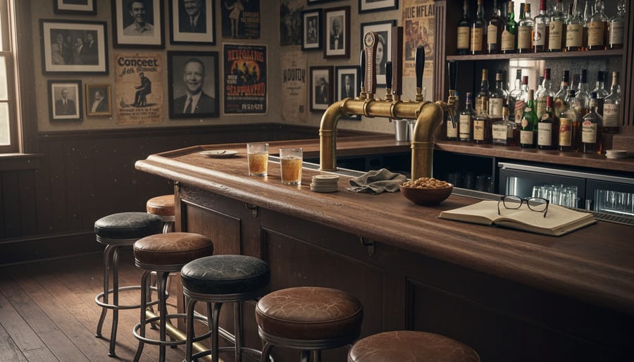 Close view of a neighbourhood bar wall with framed photos and worn decor