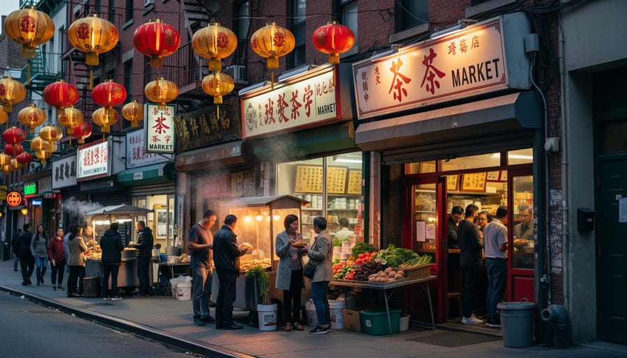 Lantern-decorated street storefront in Vancouver Chinatown with pedestrians passing by