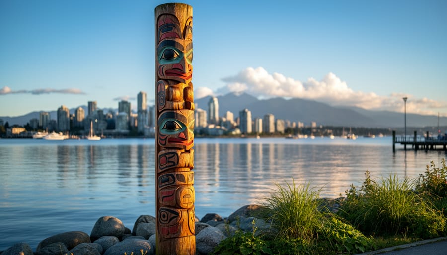 Carved cedar pole with traditional patterns near Vancouver waterfront water and shoreline trees