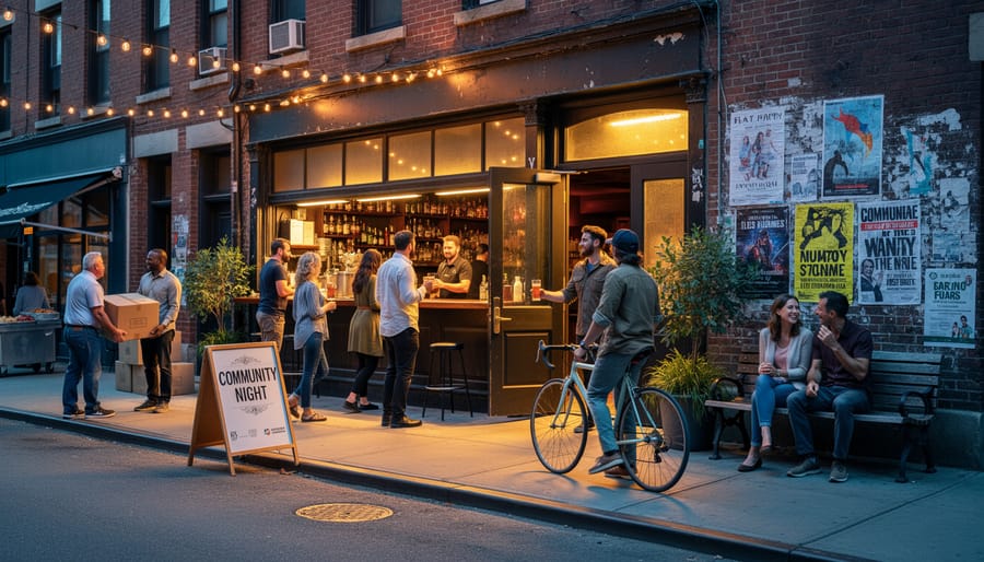 Locals gathered near a neighbourhood bar patio holding mugs and chatting outside