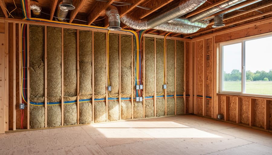 Basement interior with framed walls and installed drywall prepared for finishing