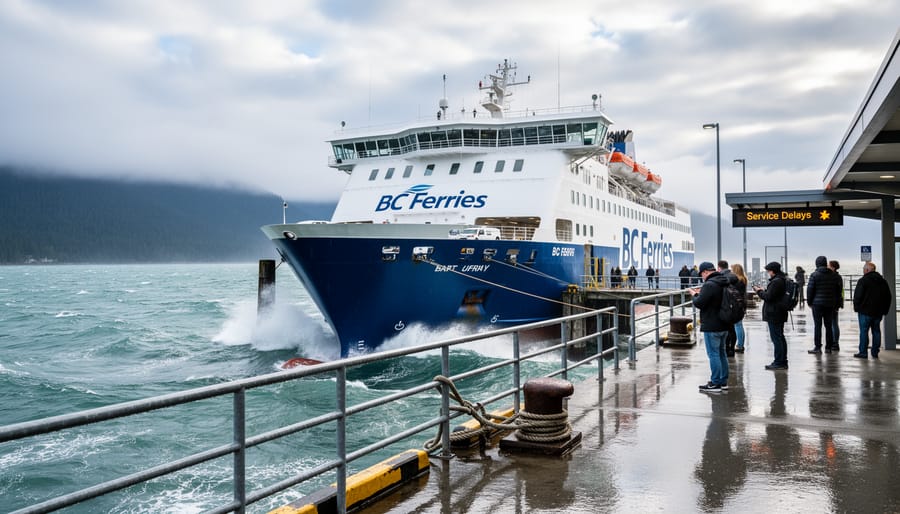 BC Ferries vessel at a dock with water waves and dock details in view