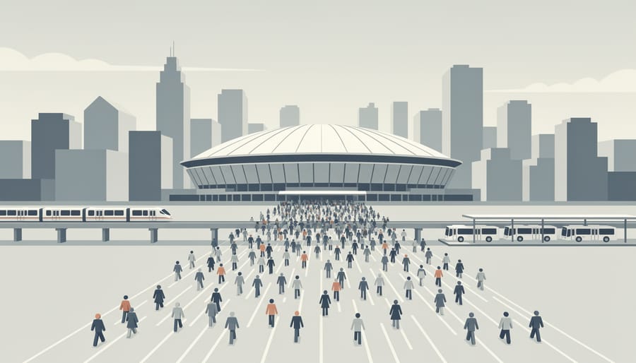 Crowded event approach toward BC Place with concertgoers and stadium architecture in the background