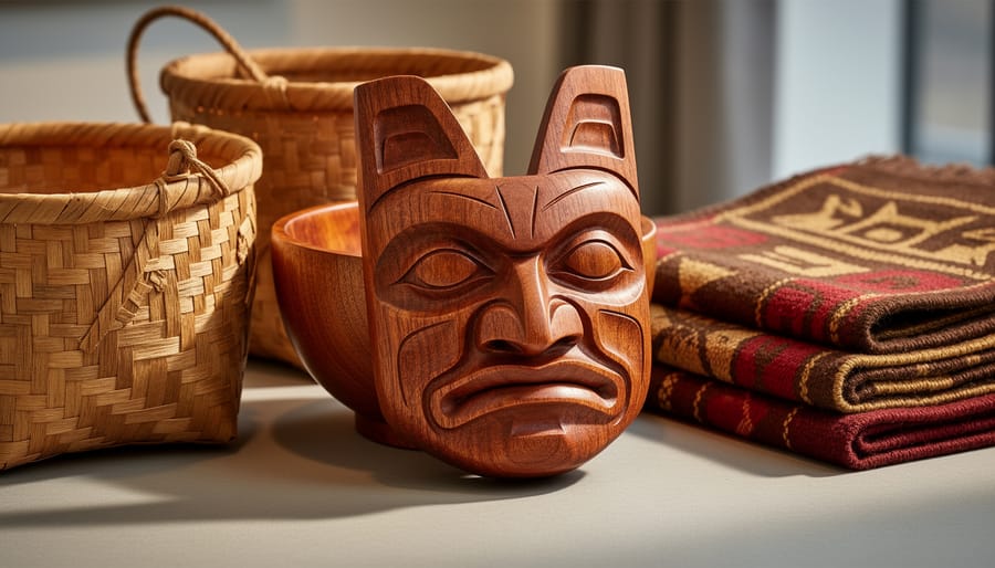 Carved cedar paddles resting on a woven cedar mat with wood grain and carving details visible
