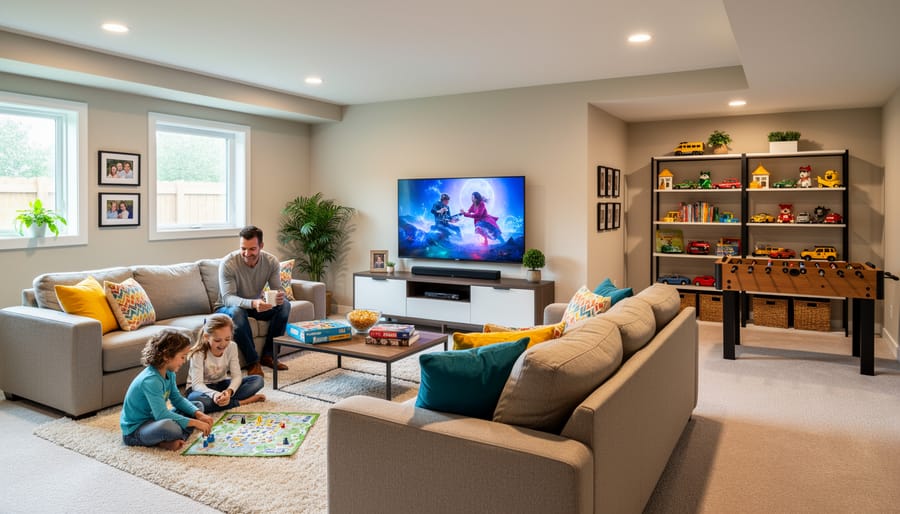 Family movie night in a cozy finished basement media room