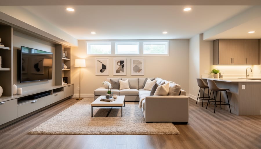 Bright modern finished basement living room with recessed lighting, sofa, and flooring