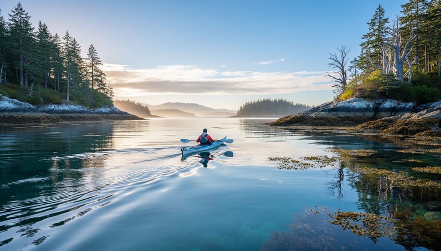 Kayakers paddling near an island shoreline in Gulf Islands National Park Reserve waters