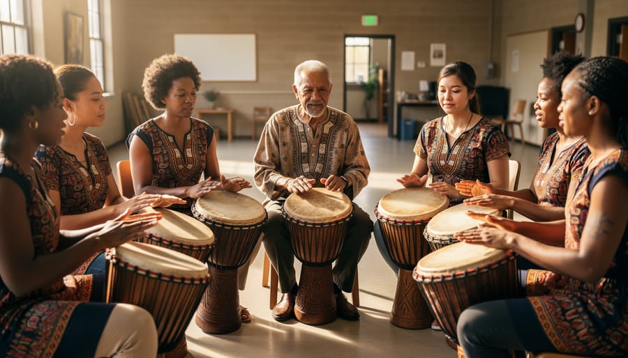 Indigenous drummer playing a hand drum while a small seated group listens in a cultural space