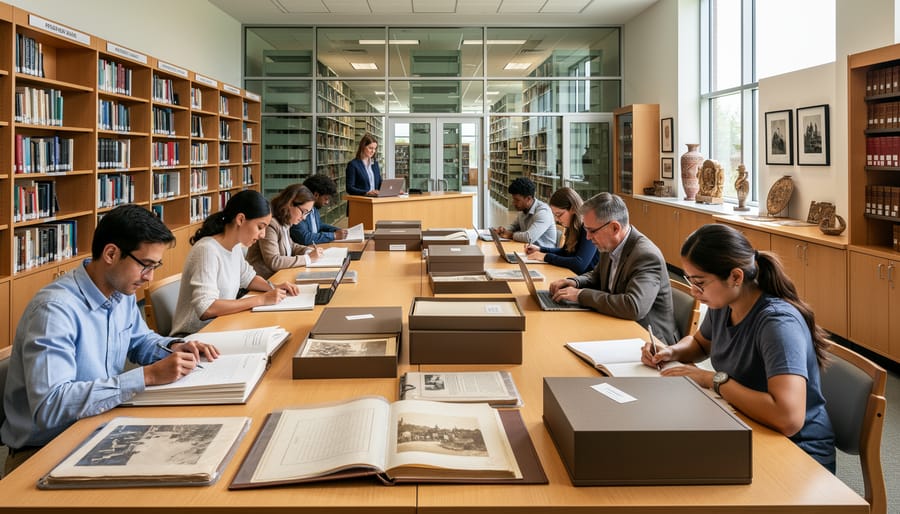 Open book and Japanese reference materials on a reading desk with blurred library shelves in the background