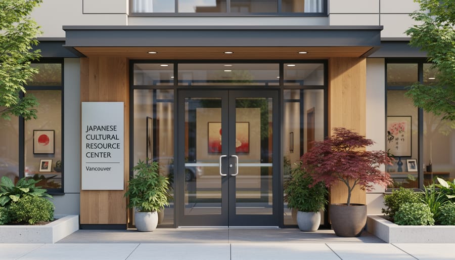 Wide view of the Japanese Cultural Resource Center entrance with a welcoming entry area