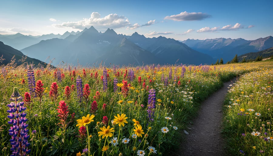 Wildflower meadow viewpoint overlooking the valley in Mount Revelstoke National Park