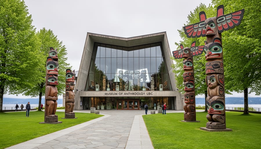 Wide view of the Museum of Anthropology at UBC exterior under an overcast sky