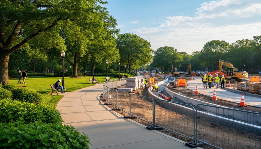 Oak Park greenery with nearby construction activity visible in the background
