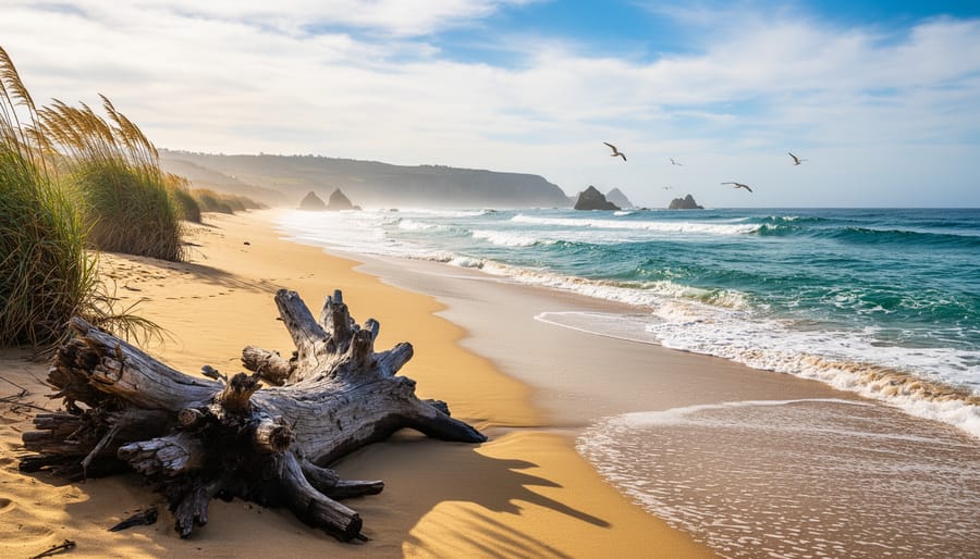 Wide view of Long Beach shoreline at Pacific Rim National Park Reserve with ocean surf and rugged coastline