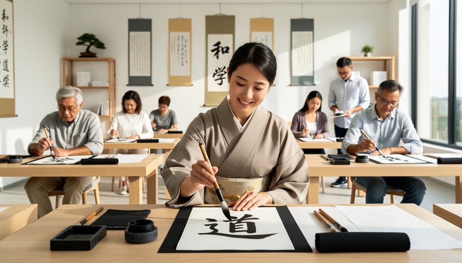 People practicing Japanese calligraphy at a workshop table with inkstone and brushes