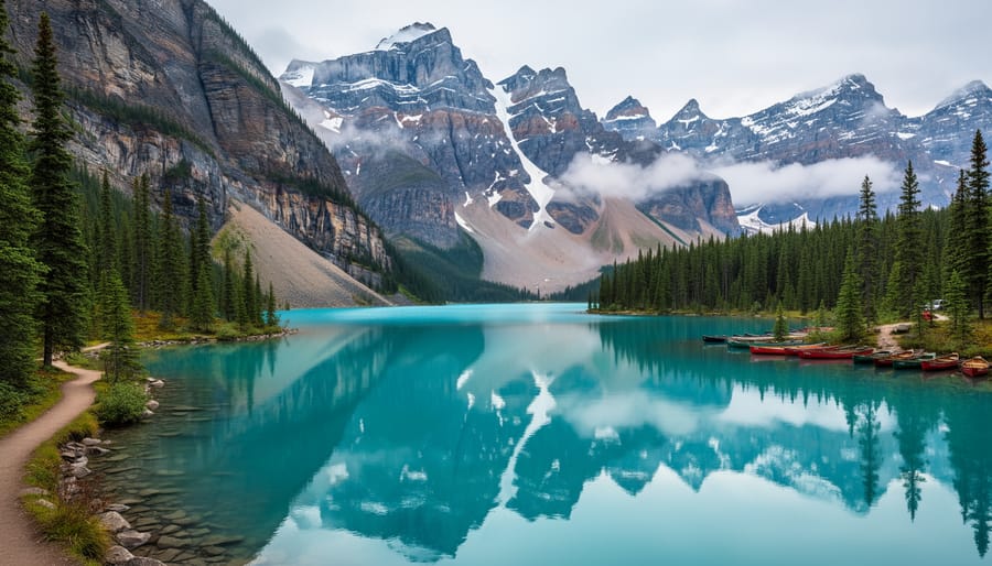 View of Emerald Lake with hikers on the shore in Yoho National Park