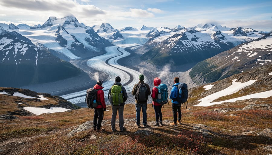 Hikers on a tundra ridge overlooking mountains and glaciers in Kluane National Park