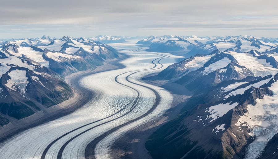 Scenic aerial view over glacier crevasses and icefields from an airplane window in Kluane National Park