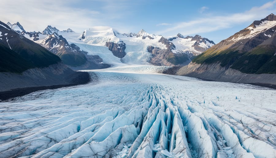 Glacier icefield and distant mountains under a dramatic sky in Kluane National Park, Yukon, Canada