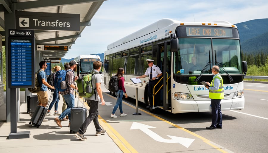 Travelers boarding a shuttle bus near Lake Louise village