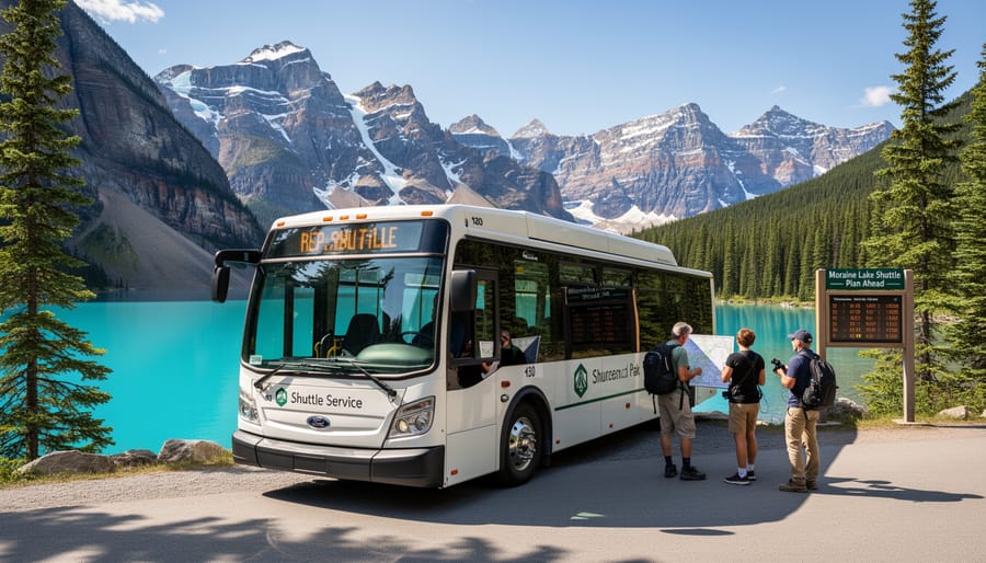 A shuttle bus traveling on a mountain road with Moraine Lake in the background