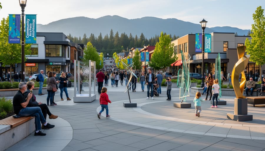 Visitors strolling near outdoor art installations during a festival