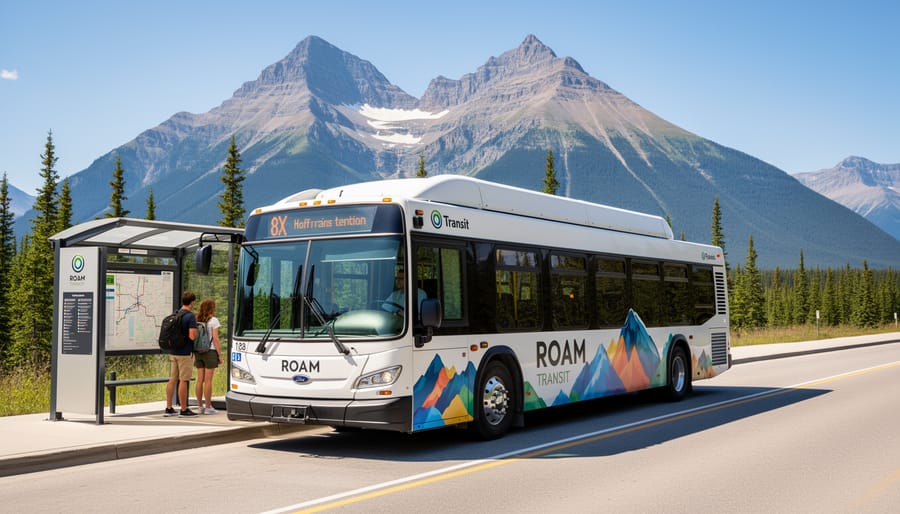 A modern ROAM Transit bus parked at a Banff-area bus stop