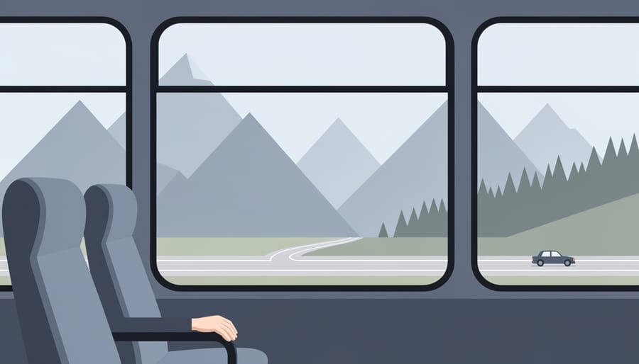 View from inside a bus window with Lake Louise mountains in the distance