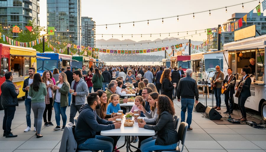 People enjoying a colorful outdoor cultural festival in a Vancouver-style plaza
