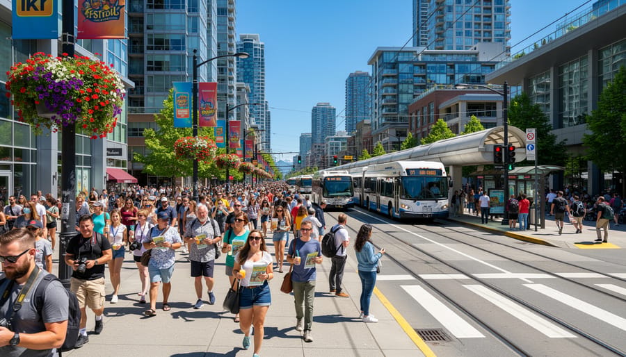 Pedestrians walking at a lively Vancouver outdoor festival near the waterfront in golden hour light